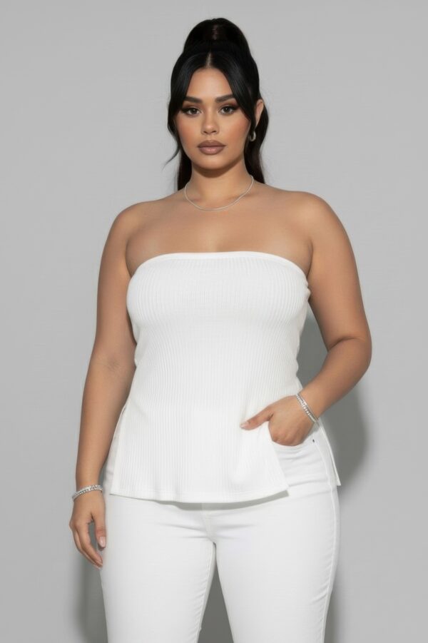Plus Strapless Ribbed Flare Top with Side Slits