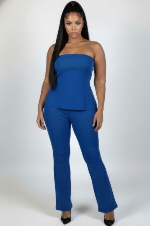 Plus Size Ribbed Slit Tube Top & High-Waist Flare Pants Set