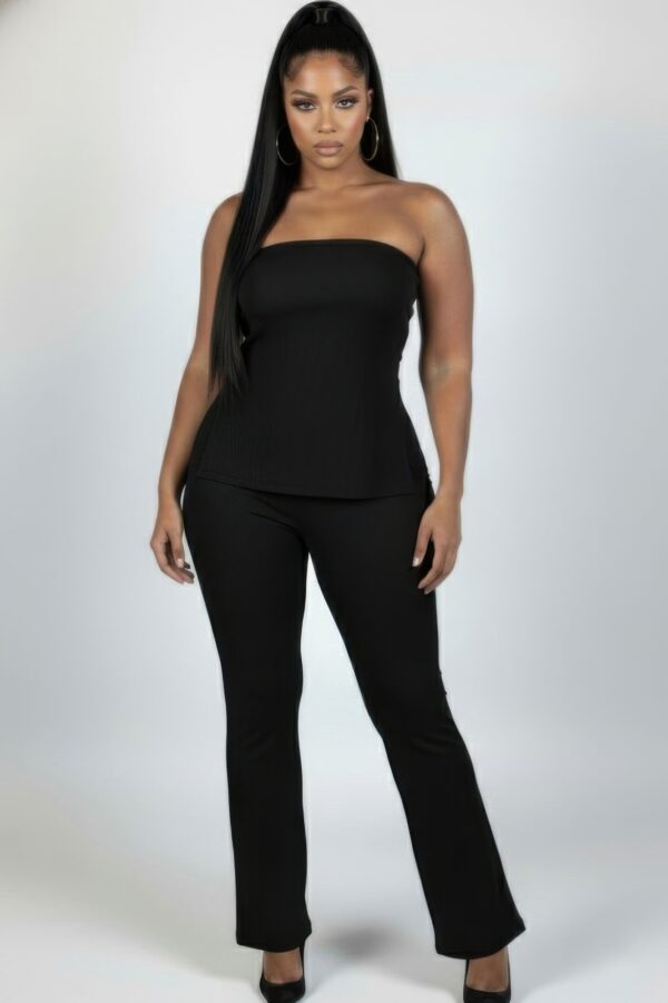 Plus Size Ribbed Slit Tube Top & High-Waist Flare Pants Set