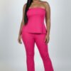Plus Size Ribbed Slit Tube Top & High-Waist Flare Pants Set