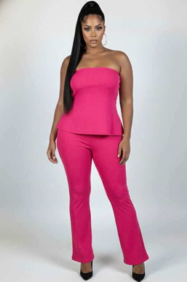 Plus Size Ribbed Slit Tube Top & High-Waist Flare Pants Set