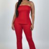 Plus Size Ribbed Slit Tube Top & High-Waist Flare Pants Set