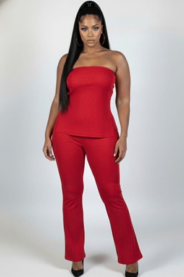 Plus Size Ribbed Slit Tube Top & High-Waist Flare Pants Set