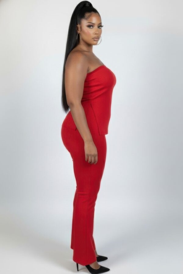 Plus Size Ribbed Slit Tube Top & High-Waist Flare Pants Set