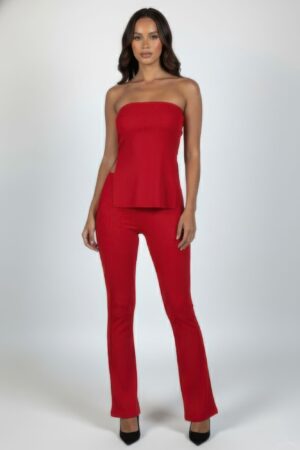 Ribbed Side-Slit Tube Top & High-Waist Flare Pants Set