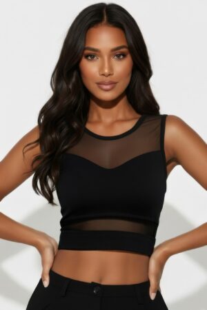 Sheer Mesh Panel Crop Tank Top – Crew Neck