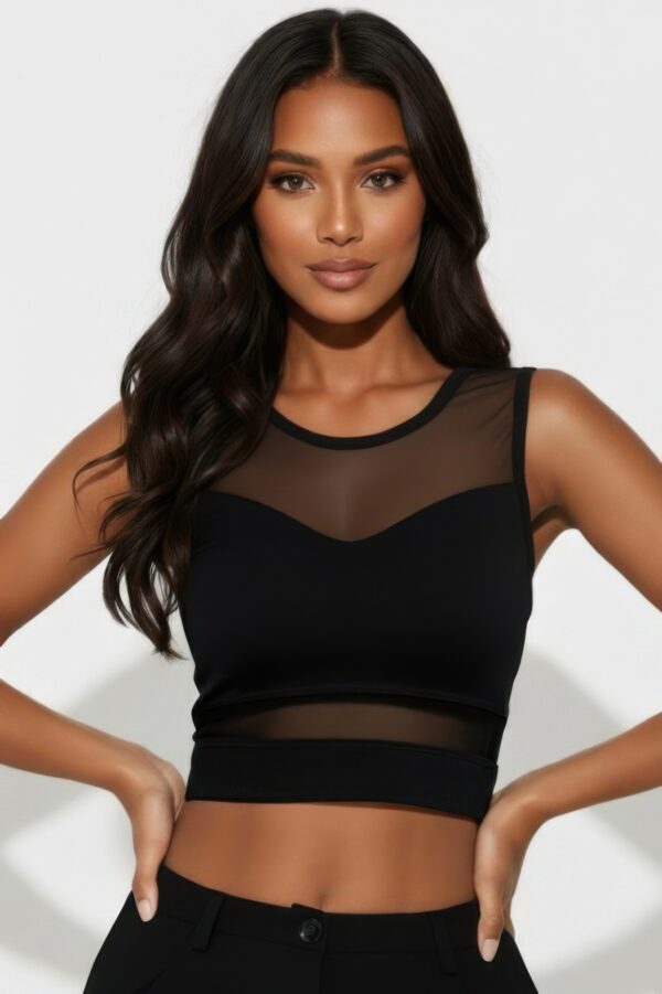 Sheer Mesh Panel Crop Tank Top – Crew Neck