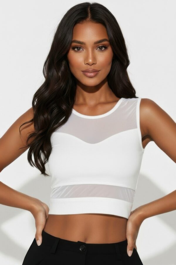 Sheer Mesh Panel Crop Tank Top – Crew Neck