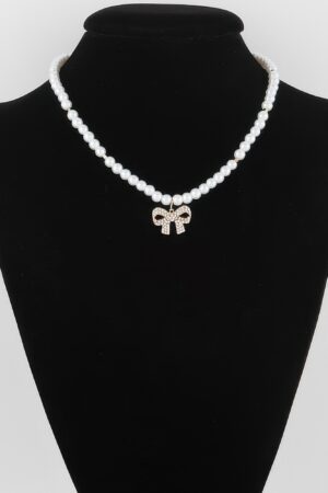 White Pearl Bow Necklace – 16″ Collarbone Chain