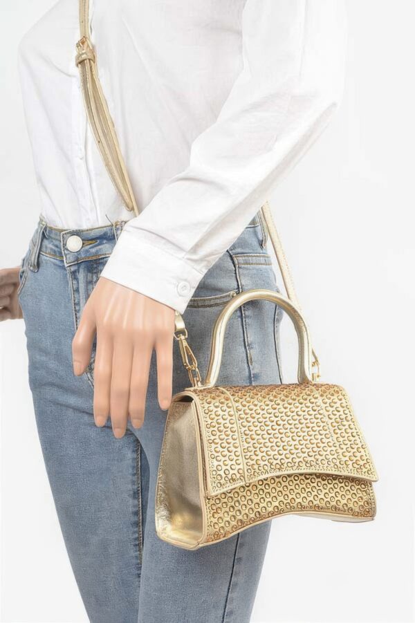 Metallic Rhinestone Top Handle Flap Bag