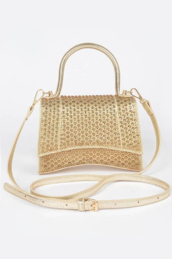 Metallic Rhinestone Top Handle Flap Bag