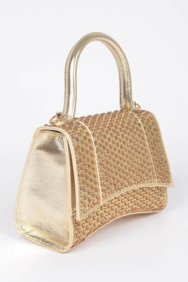 Metallic Rhinestone Top Handle Flap Bag