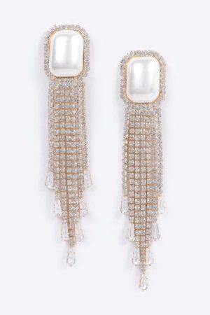 Faux Pearl Rhinestone Tassel Earrings – Dramatic Drop