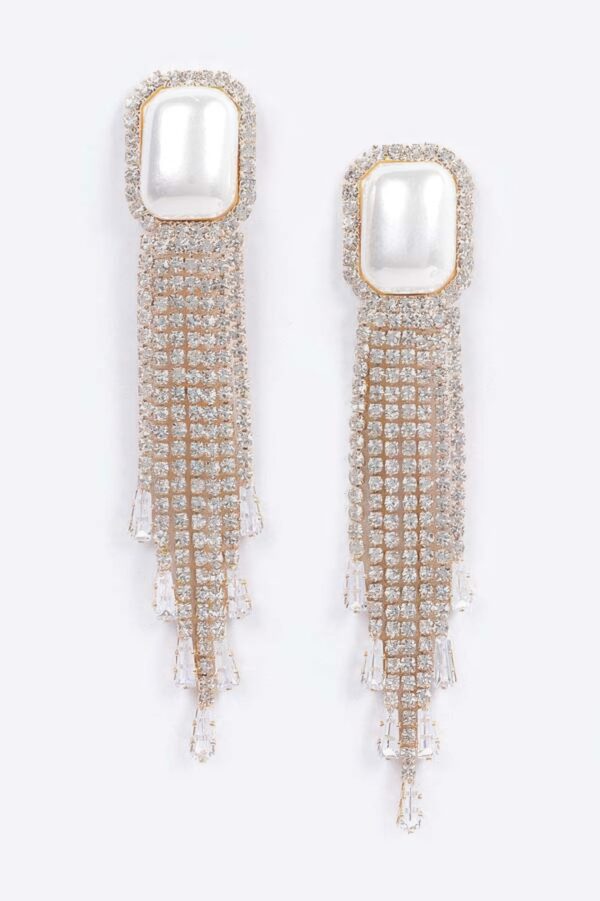 Faux Pearl Rhinestone Tassel Earrings – Dramatic Drop