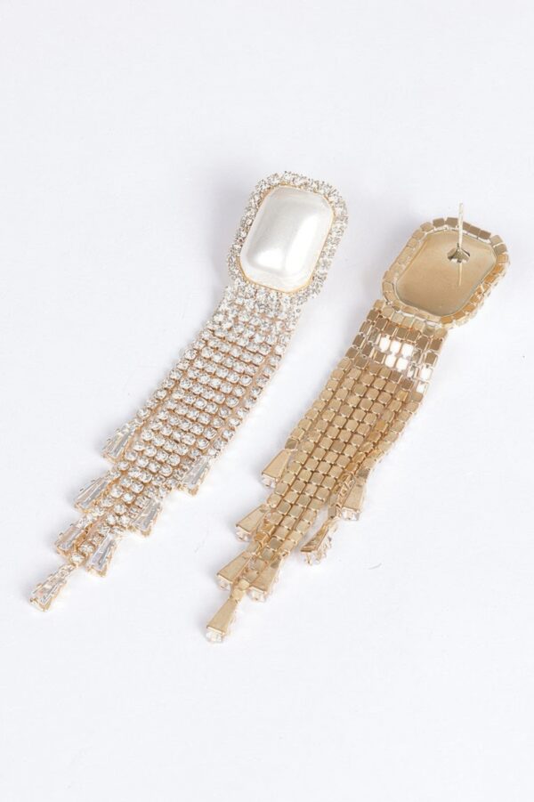Faux Pearl Rhinestone Tassel Earrings – Dramatic Drop