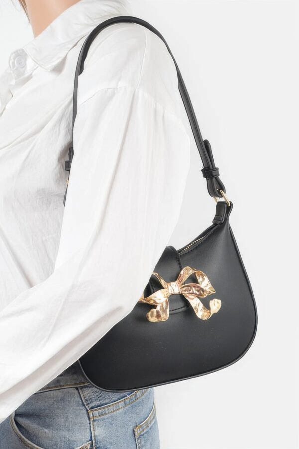 Vegan Leather Mini Hobo Bag with Metal Ribbon