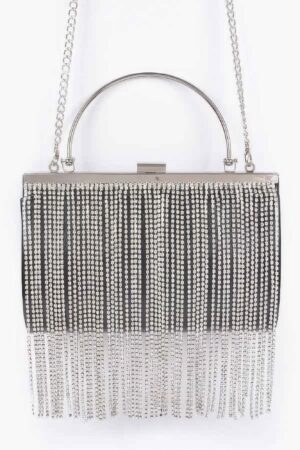 Metallic Rhinestone Fringe Party Clutch
