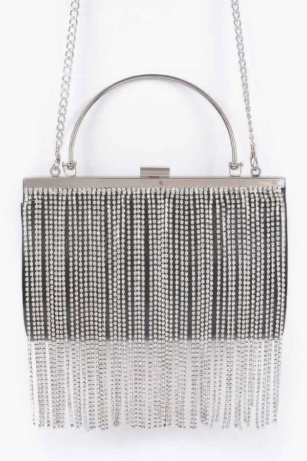 Metallic Rhinestone Fringe Party Clutch