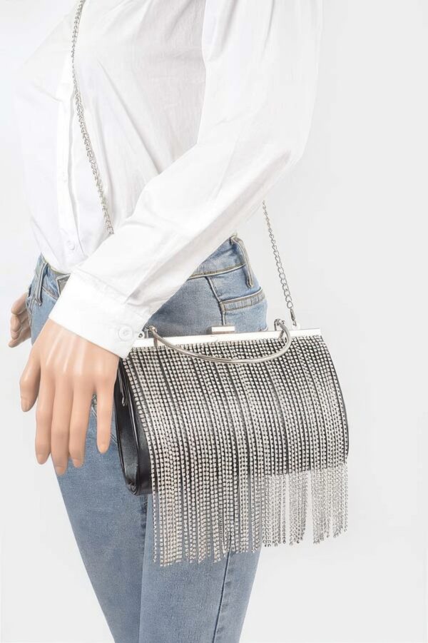 Metallic Rhinestone Fringe Party Clutch