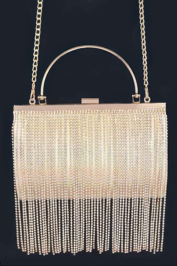 Metallic Rhinestone Fringe Party Clutch