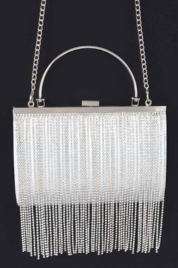 Metallic Rhinestone Fringe Party Clutch