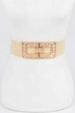 Stretch Straw Belt with Rhinestone Buckle