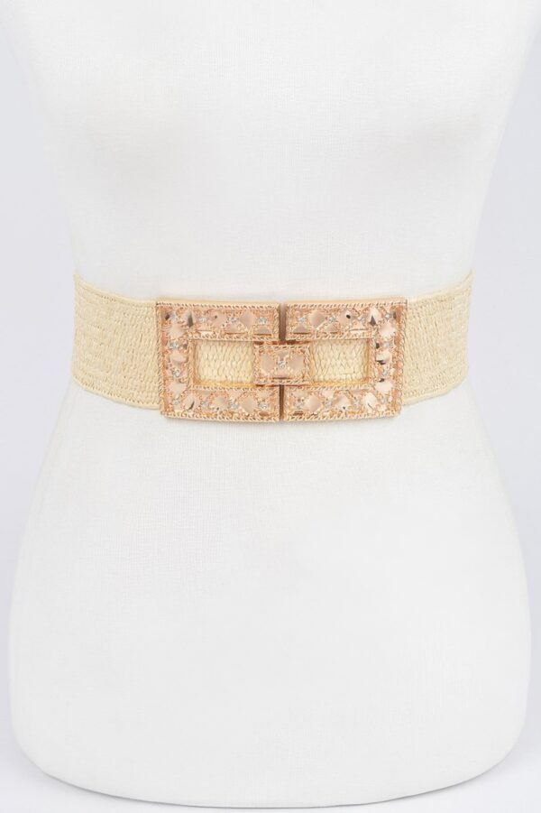 Stretch Straw Belt with Rhinestone Buckle