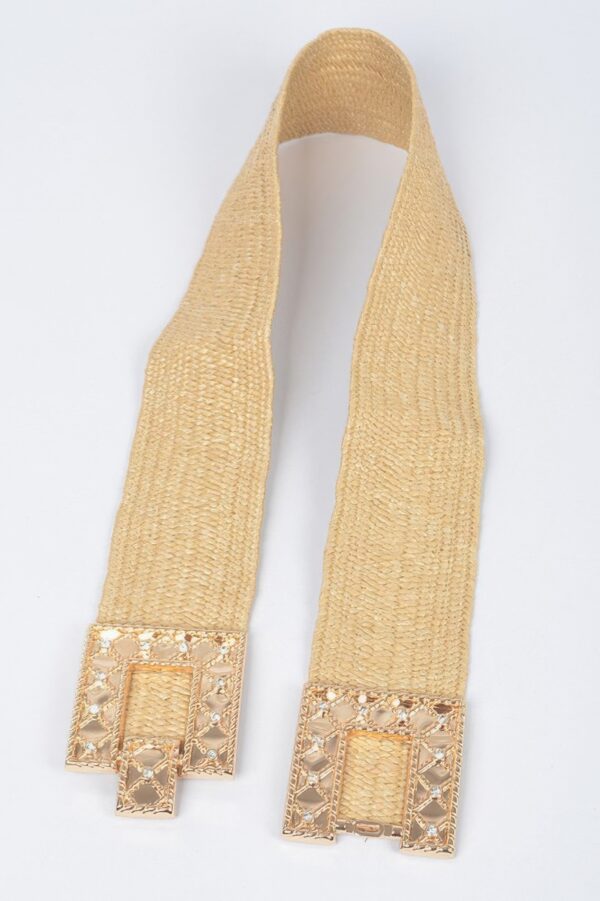 Stretch Straw Belt with Rhinestone Buckle