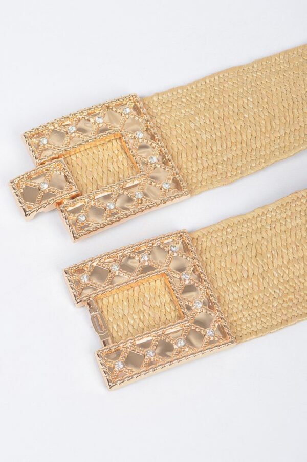 Stretch Straw Belt with Rhinestone Buckle