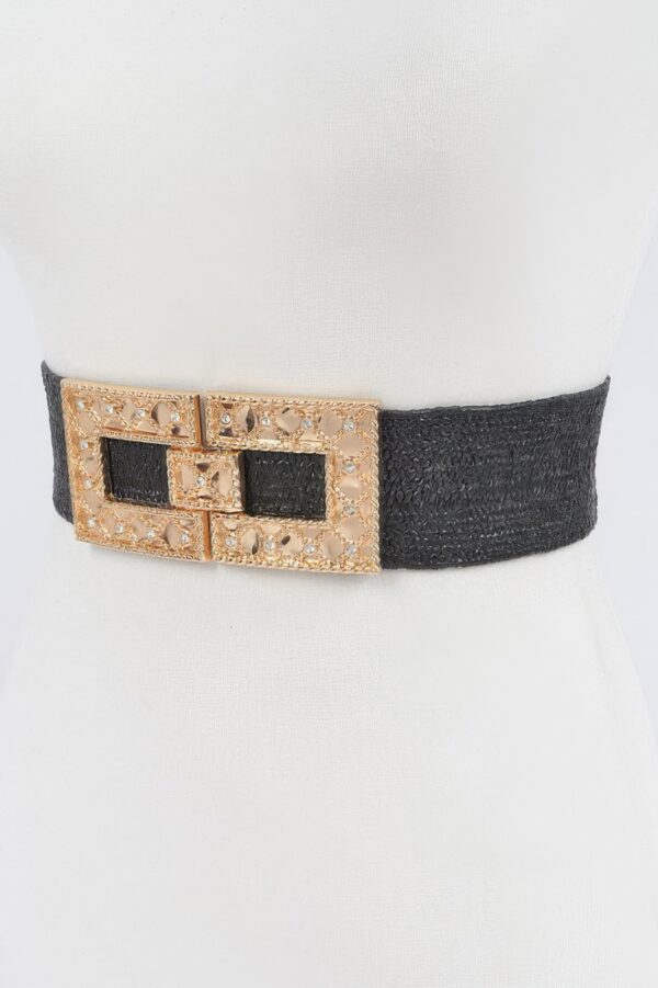 Stretch Straw Belt with Rhinestone Buckle