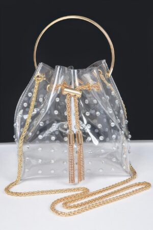 Faux Pearl Studded Bucket Bag with Metal Handle