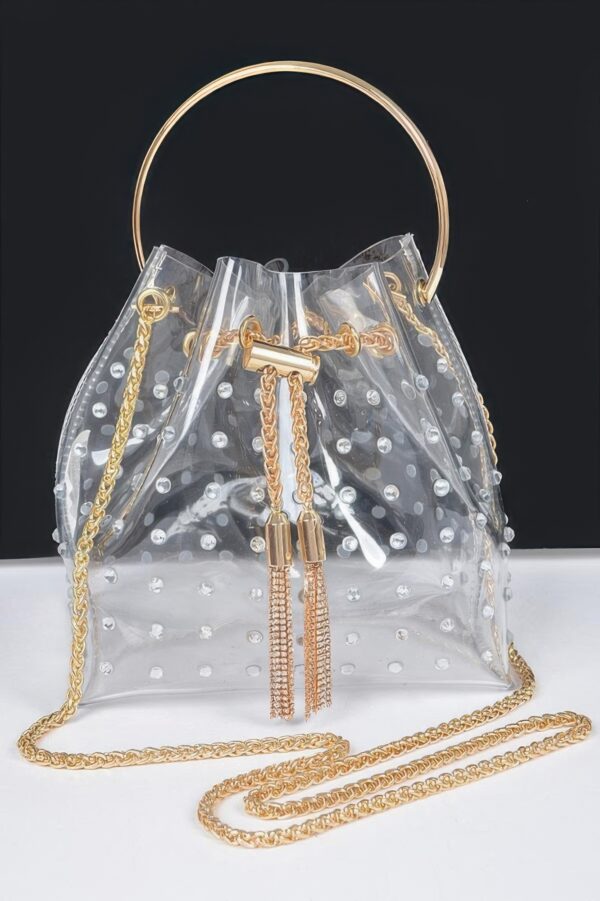 Faux Pearl Studded Bucket Bag with Metal Handle