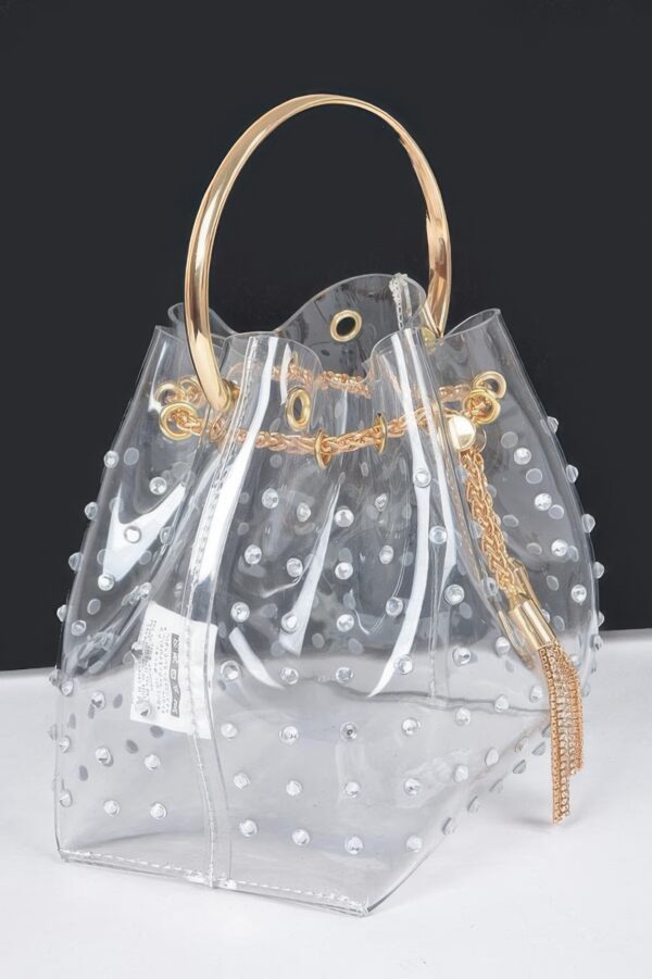 Faux Pearl Studded Bucket Bag with Metal Handle