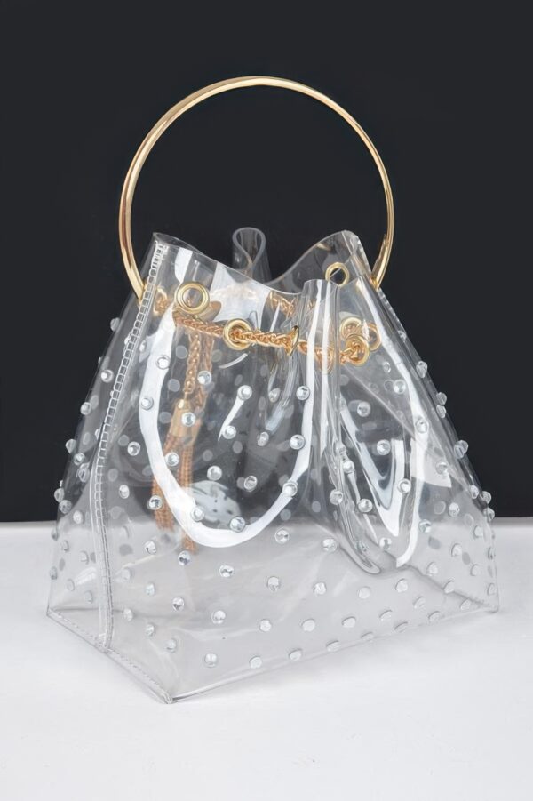 Faux Pearl Studded Bucket Bag with Metal Handle