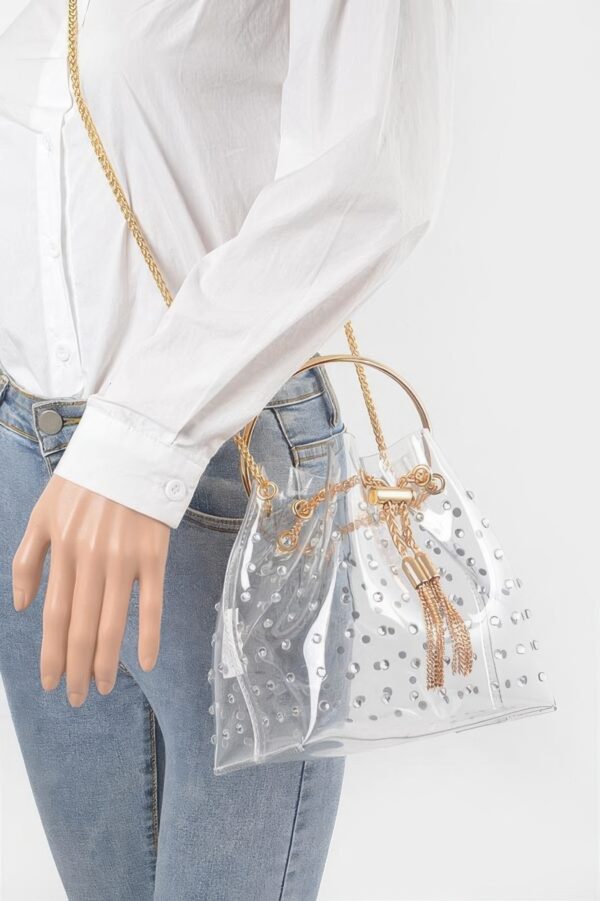 Faux Pearl Studded Bucket Bag with Metal Handle