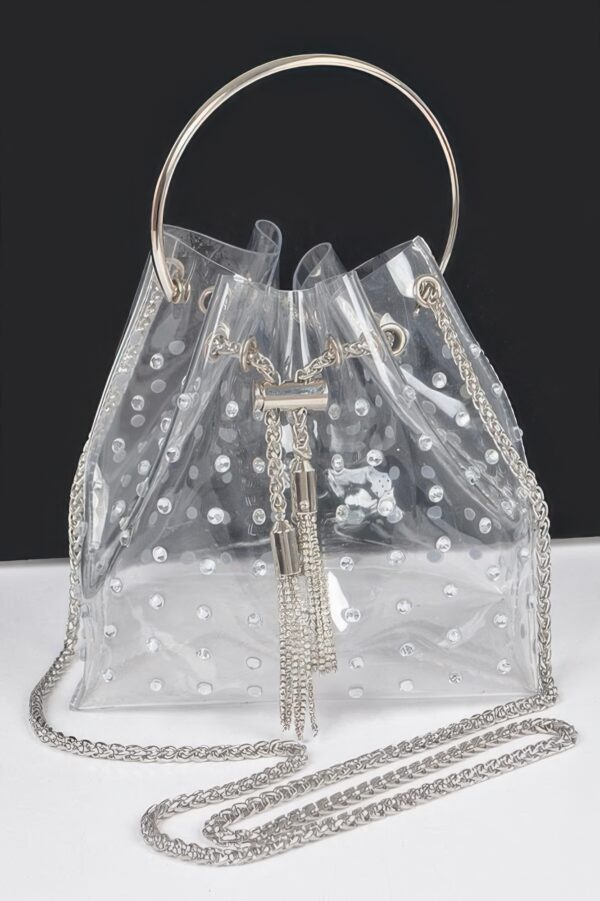 Faux Pearl Studded Bucket Bag with Metal Handle