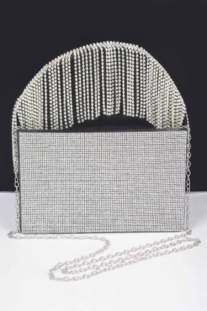 Rhinestone Box Clutch – Fringe Handle Evening Bag