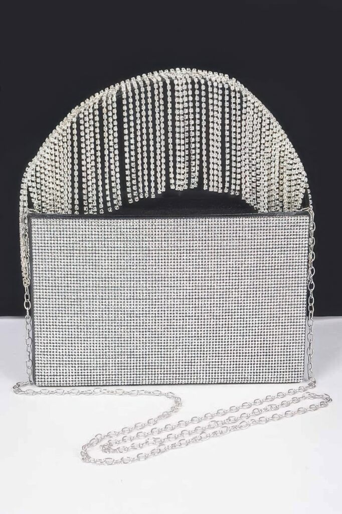 Rhinestone Box Clutch - Fringe Handle Evening Bag