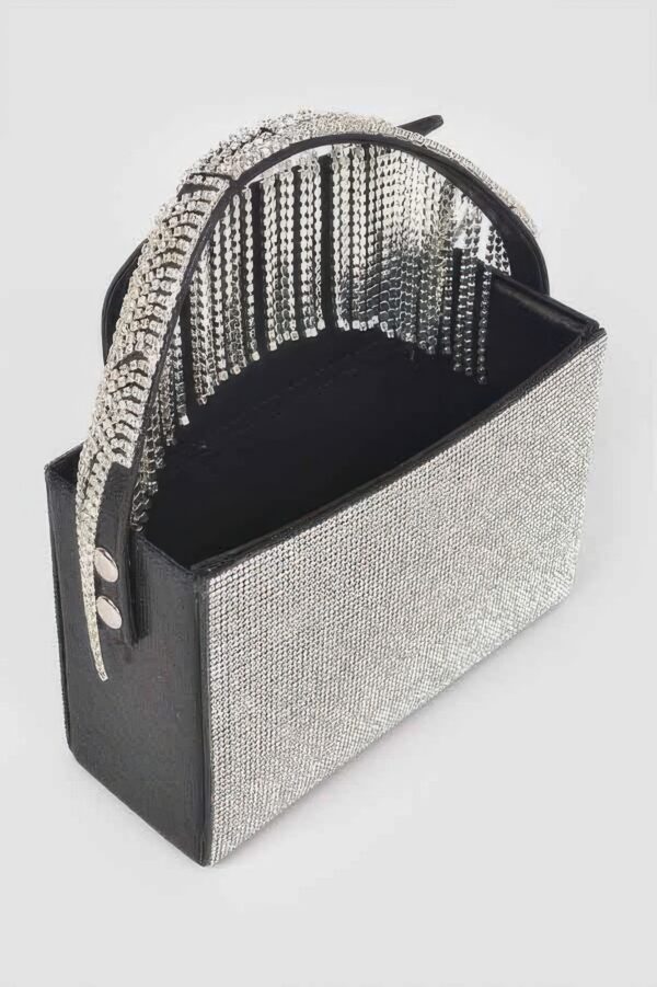 Rhinestone Box Clutch – Fringe Handle Evening Bag