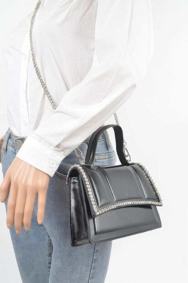 Faux Metallic Top Handle Bag – Stone Embellished