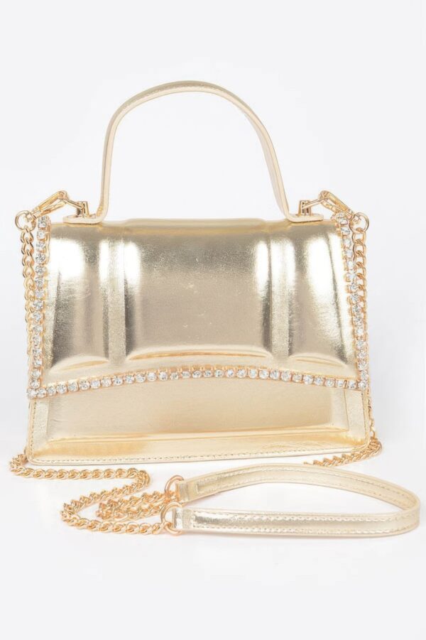 Faux Metallic Top Handle Bag – Stone Embellished