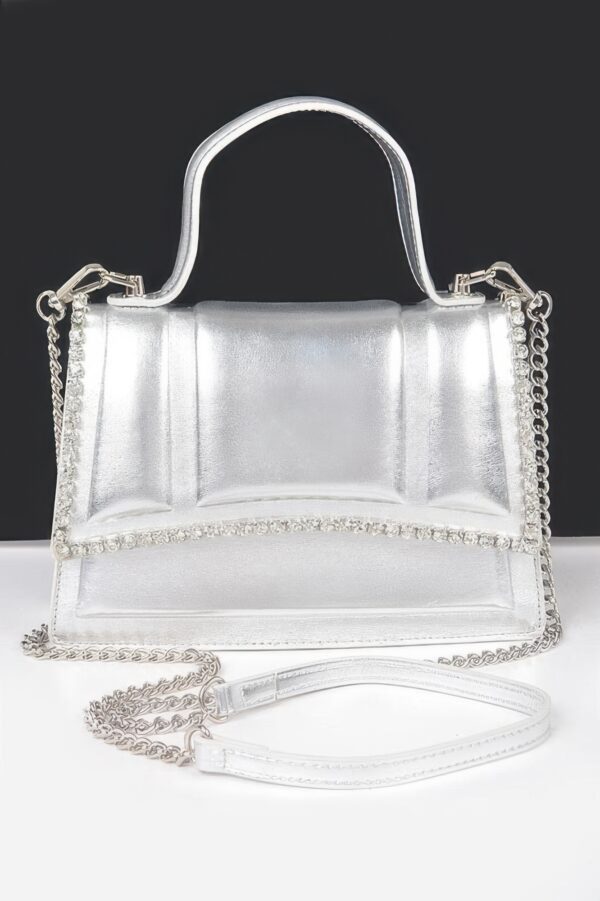 Faux Metallic Top Handle Bag – Stone Embellished