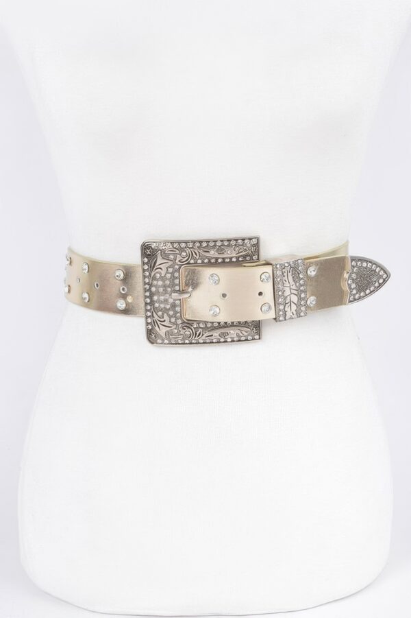 Rhinestone Buckle Metallic Belt – Slim Profile