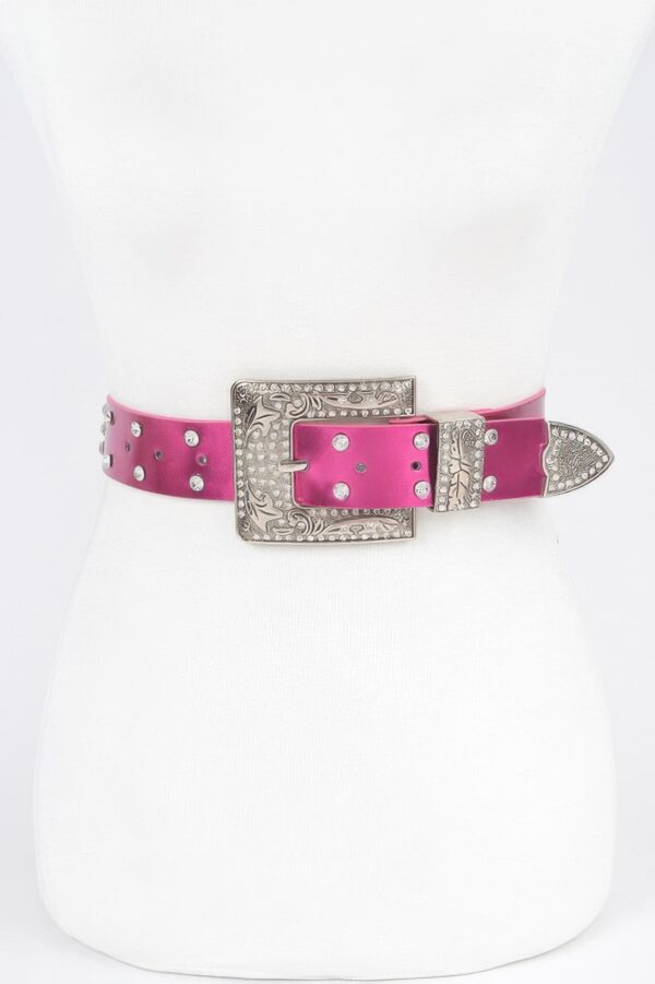 Rhinestone Buckle Metallic Belt – Slim Profile