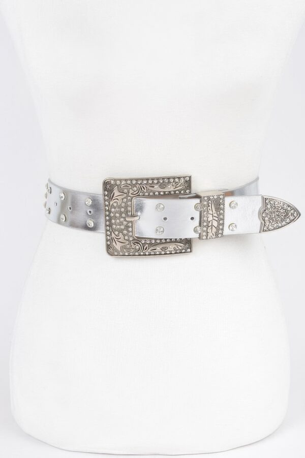 Plus Size Metallic Belt with Rhinestone Buckle