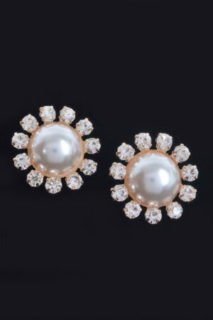 Round Faux Pearl & Stone Stud Earrings
