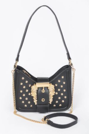 Faux Leather Studded Shoulder Bag with Metal Buckle