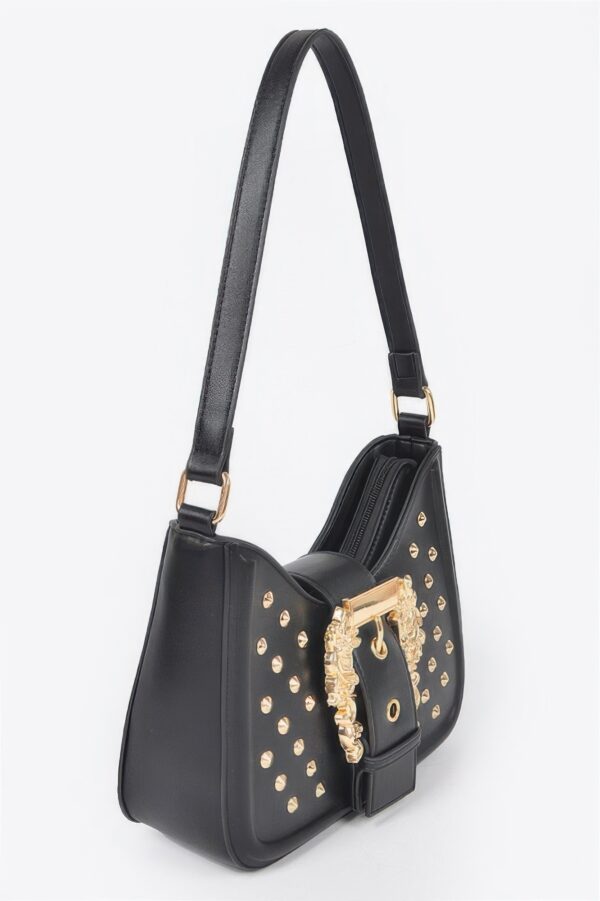 Faux Leather Studded Shoulder Bag with Metal Buckle