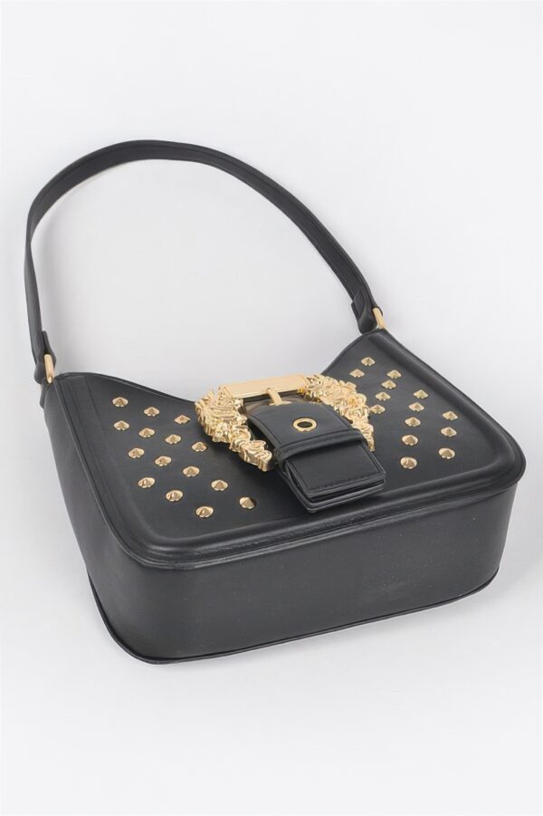 Faux Leather Studded Shoulder Bag with Metal Buckle