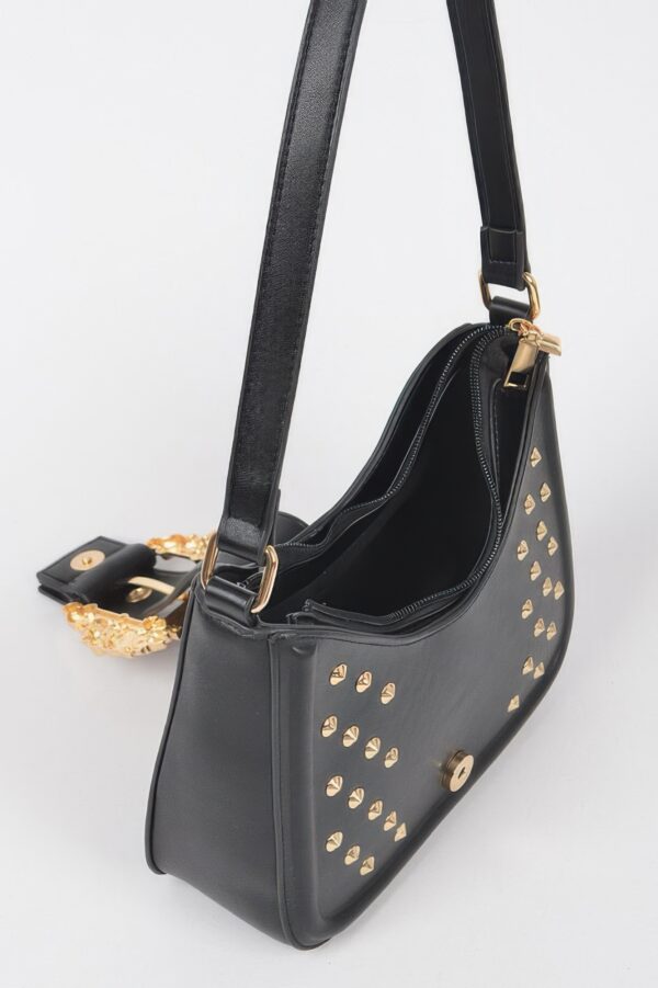 Faux Leather Studded Shoulder Bag with Metal Buckle